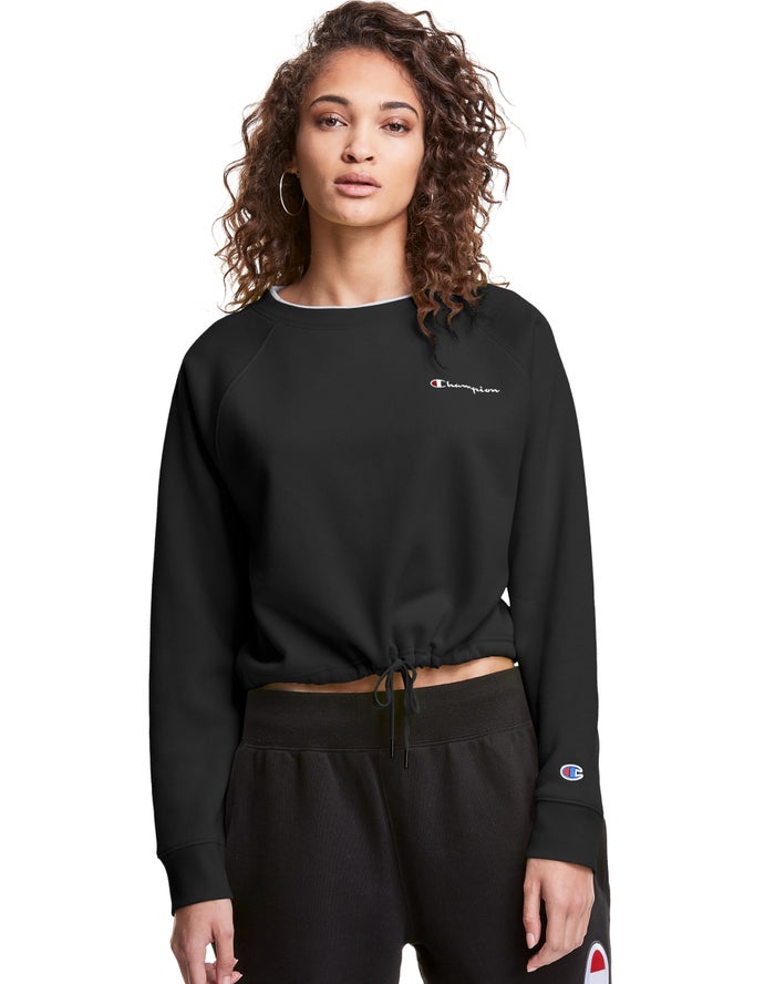 Champion Womens Sweatshirt NZ - Campus Fleece Cropped Crew Embroidered Script Logo Black ( 0953-CRPL